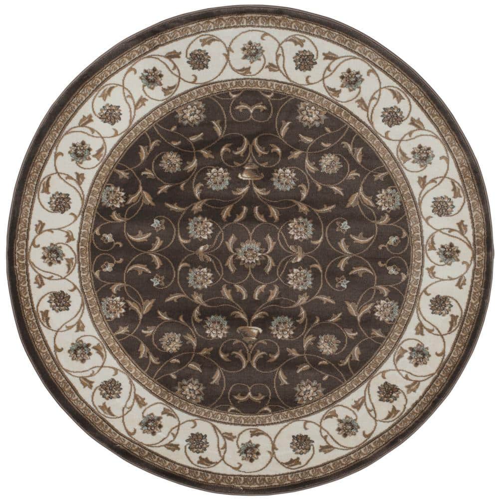 Pisa Brown 5 ft. Round Traditional Oriental Floral Scroll Area Rug