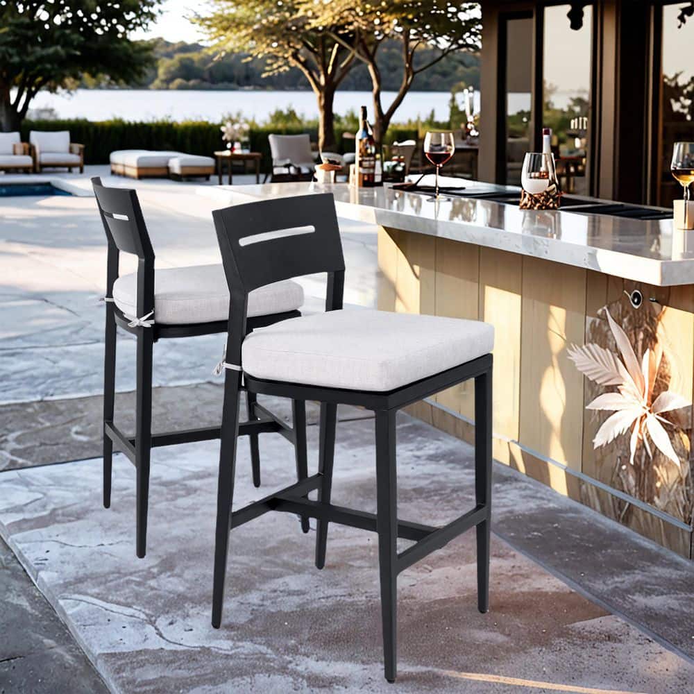 Black Aluminum All-Weather Outdoor Bar Stools Patio Bar Chair with Ergonomic Backrest, Sunbrella Gray Cushion (2-Pack) price history on PriceWatchPro