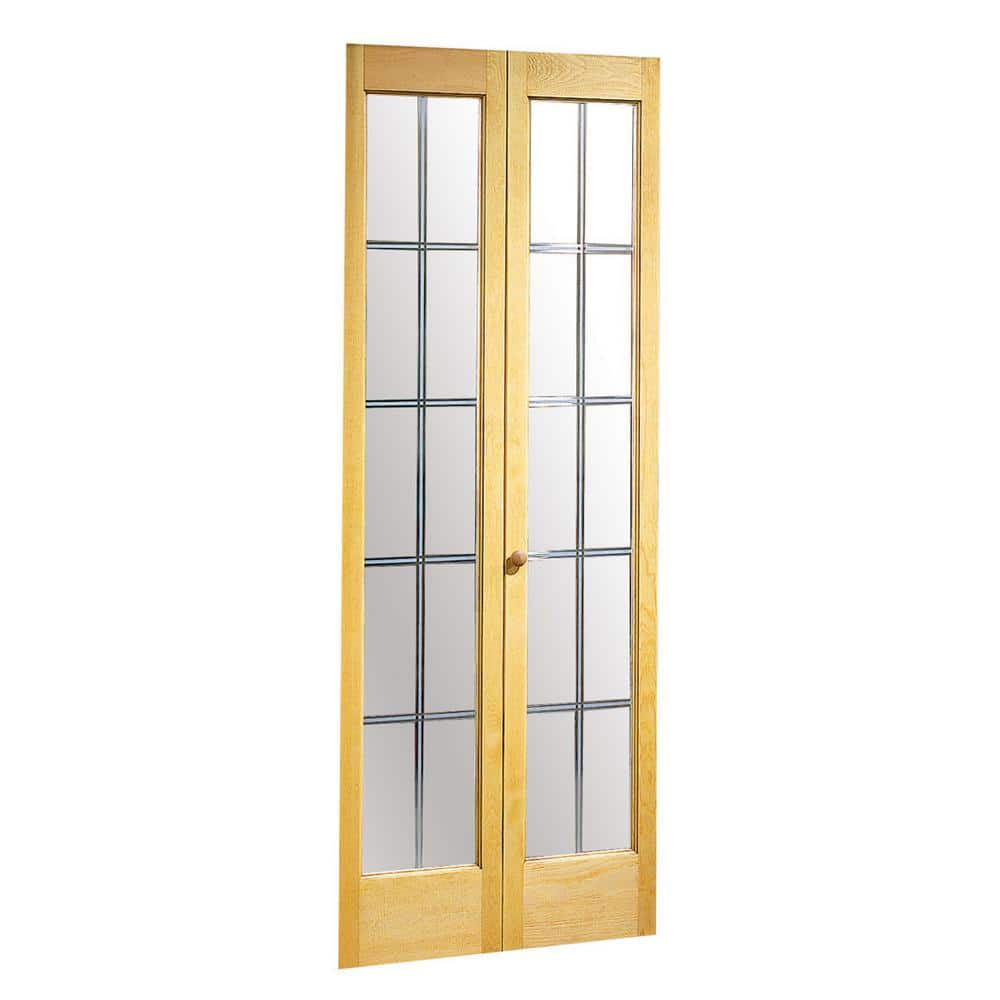 Unfinished Pine Full Glass Bifold Door with Brass Hinges