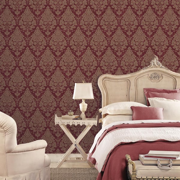 Damask Wallpaper in Cranberry and Gold