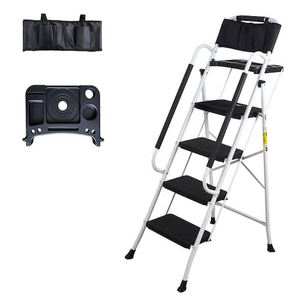 4-Step Ladder with Handrails Tool Tray Bag 330 lbs. Capacity Foam-Padded Side Anti-Slip Pedals Foldable Design