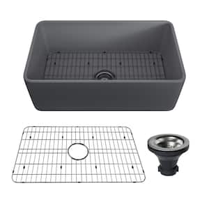 Matte Gray Fireclay 30 in. Single Bowl Farmhouse Apron Workstation Kitchen Sink with Bottom Grid and Strainer