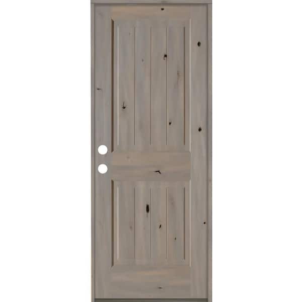Krosswood Doors 30 in. x 80 in. Rustic Knotty Alder Square Top V-Grooved Right-Hand/Inswing Grey Stain Wood Prehung Front Door