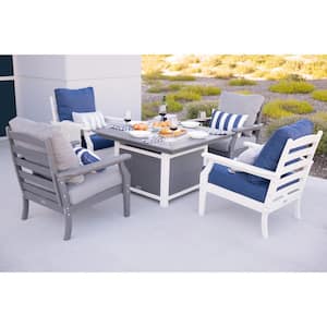Park City 2-Tone Gray Square Firepit, 5-Piece Plastic Patio Conversation Set with 2 White/Gray Chairs-Navy/Gray Cushions