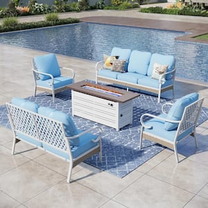 White 5-Piece Metal Outdoor Patio Conversation Seating Set with 50000 BTU Propane Fire Pit Table and Blue Cushions