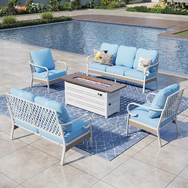 PHI VILLA White 5-Piece Metal Outdoor Patio Conversation Seating Set with 50000 BTU Propane Fire Pit Table and Blue Cushions