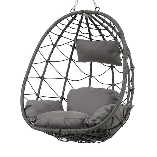 Unbranded Powder Coated Steel Frame Gray Wicker Egg-Shaped Patio Swing Chair with Dark Gray Cushion