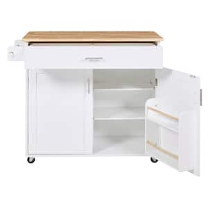 White Rubber Wood Top 35 in. Kitchen Cart Kitchen Island with Internal Storage Drawer w/Divider Wheels, Adjustable Shelf