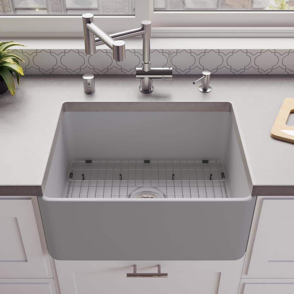 24'' Gray Matte Fireclay Farmhouse Drop-in Kitchen Sink
