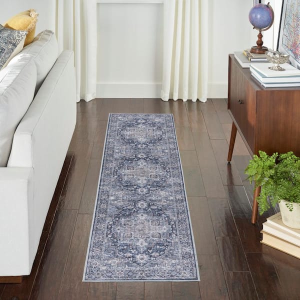 Machine Washable Series 1 Ivory Navy 2 ft. x 6 ft. Distressed Traditional Runner Area Rug