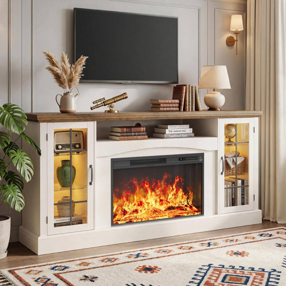 "78"" Fireplace TV Stand with Power Outlet for TVs UP to 90"", LED Lights & Storage Cabinets,Gray & White" price history on PriceWatchPro