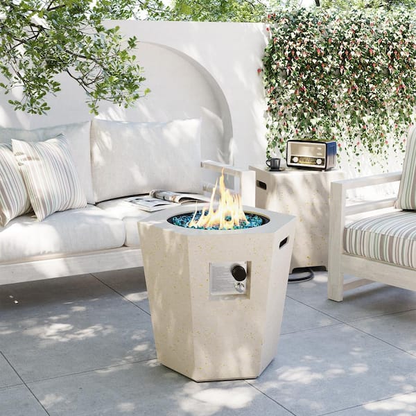 UPHA 24 in. x 22 in. 40,000 BTU Beige Hexagon Geometric Terrazzo Outdoor Propane Gas Fire Pit Table with Propane Tank Cover