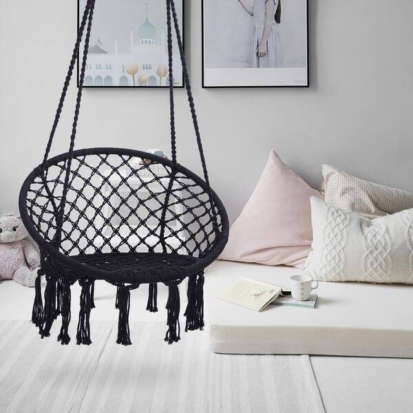 1.97 ft. Hanging Cotton Rope Hammock Swing Chair in Black J-W41928658