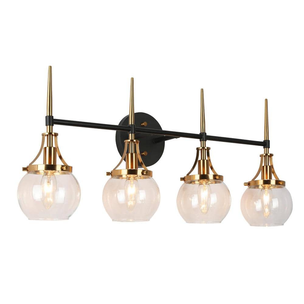 LNC Capensis Mid-Century Modern 28.5 in. 4-Light Brass and Black Vanity Light with Clear Globe Glass Shade