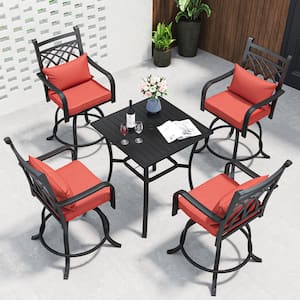 5-Piece Metal Patio Swivel Bar Set Square 32 in. Patio Bar Table 4 Swivel Bar Stools Outdoor Dining Set with Red Cushion