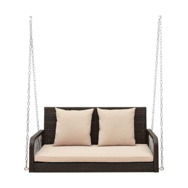 Sudzendf 2-Person Outdoor Wicker Porch Swing with Beige Seat and Back Cushions
