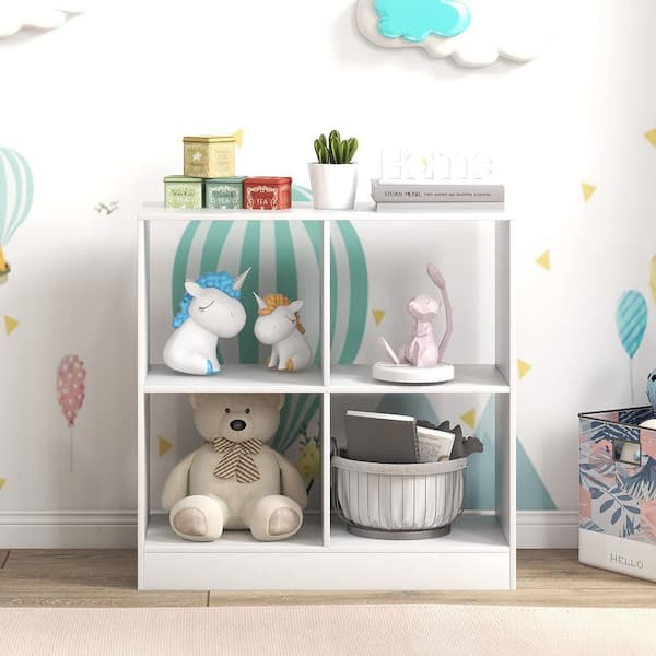 Kids Toy Storage Organizer 29 in. Wide White 4-Cube Wooden Display Bookcase with Anti-toppling Device