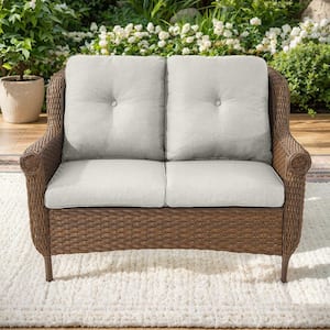 Brown PE Wicker Outdoor Loveseat with Beige Cushions and Chrysanthemum Armrest