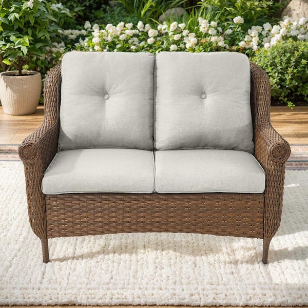 moosprr Brown PE Wicker Outdoor Loveseat with Beige Cushions and Chrysanthemum Armrest