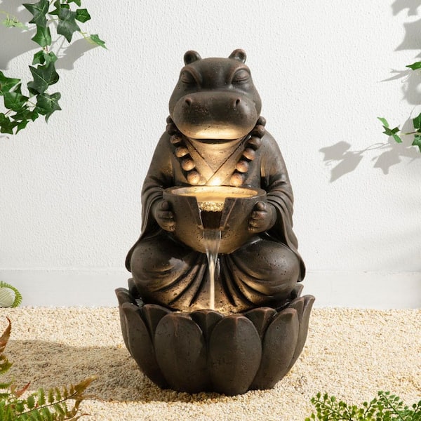 Glitzhome 21.75 in. H 2-Tiered Zen-Style Bronze Hippo Polyresin