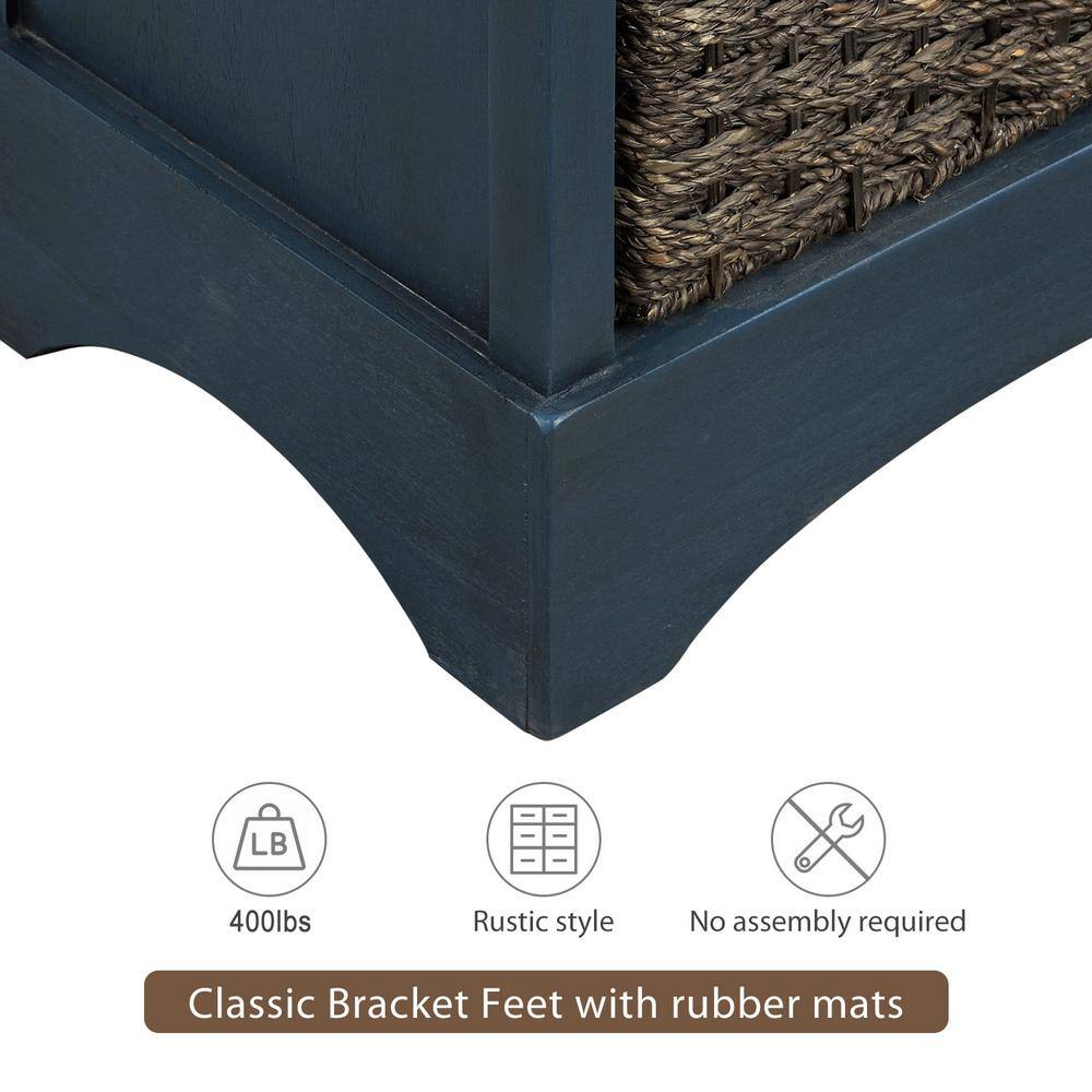 Antique Navy Acacia Wood Storage Cabinet with Rattan Baskets