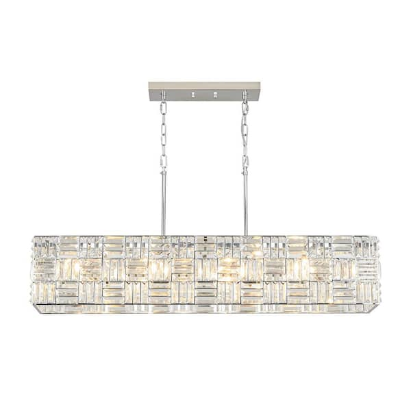 Luz 8-Light Long Crystal Chandelier Chrome Finish Rectangular Chandelier for Dining Room