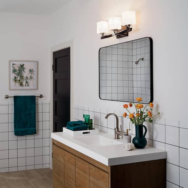 3-Light Bathroom Vanity Light Fixture Matte Black Flat Opal Glass Shades Details about   20-in 