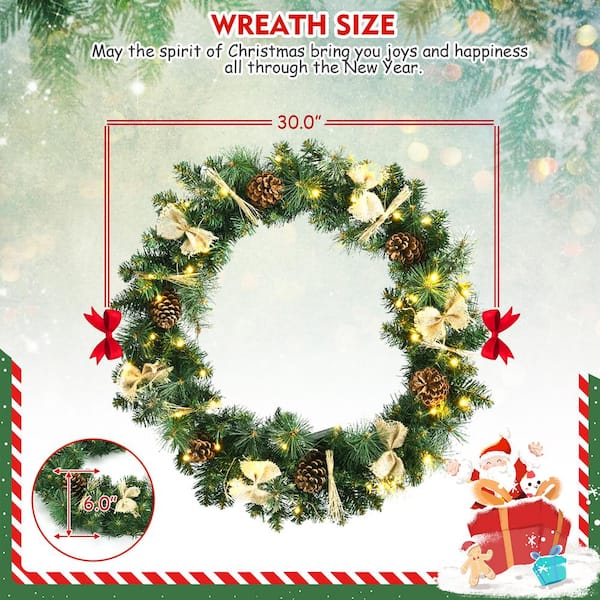 Costway 30  Pre-lit Artificial Christmas Wreath w/Dry Straw Bow & Pine  Cones CM23617 - The Home Depot