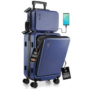 2-Piece Navy Hard Carry-On Weekender Luggage Set Expandable Spinner Airline Approved Suitcase Exterior USB port