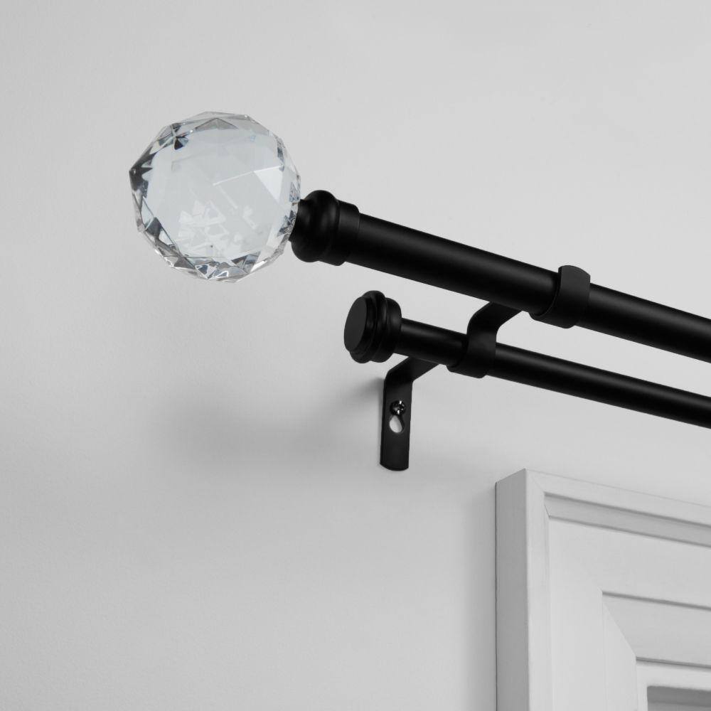 Matte Black Adjustable Double Curtain Rod with Crystal Finials