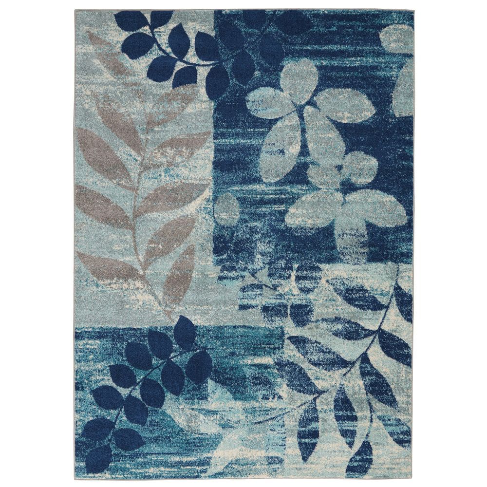 Navy and Light Blue Floral Synthetic 4' x 6' Area Rug