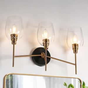 20.1 in. 3-Light Transitional Black and Brass Bathroom Vanity Light with Textured Clear Glass Shades
