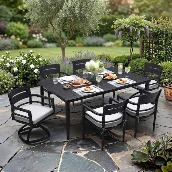 Black 7-Piece Aluminum Outdoor Dining Set with Sunbrella Grey