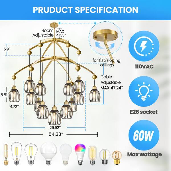 Retro 13-Light Vintage Wrought Iron Gold Creative Ceiling Chandelier for Kitchen Island Dining Living Room Bedroom
