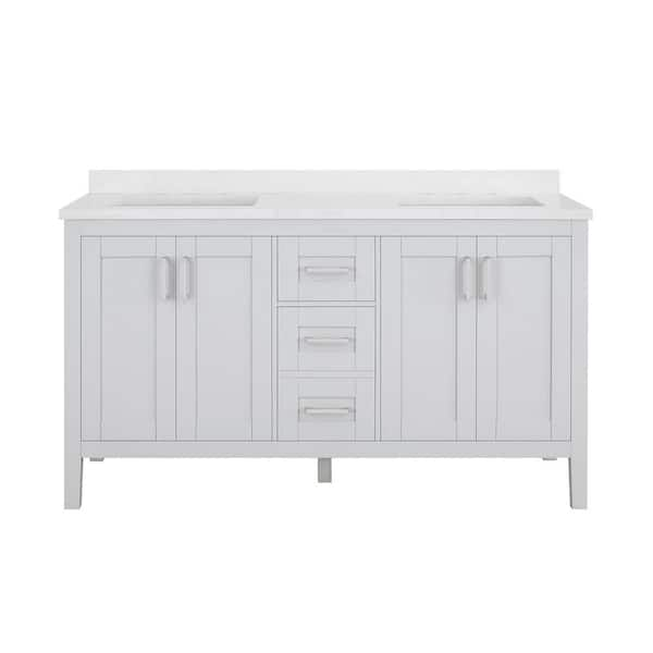  EQLOO 60 Grey Square Double Sink Bathroom Vanity Compact Set 4  Large Folding Doors 5 Drawers Carrara White Marble Stone Top backsplash  Bathroom Cabinet No Mirror (60 inch, Grey