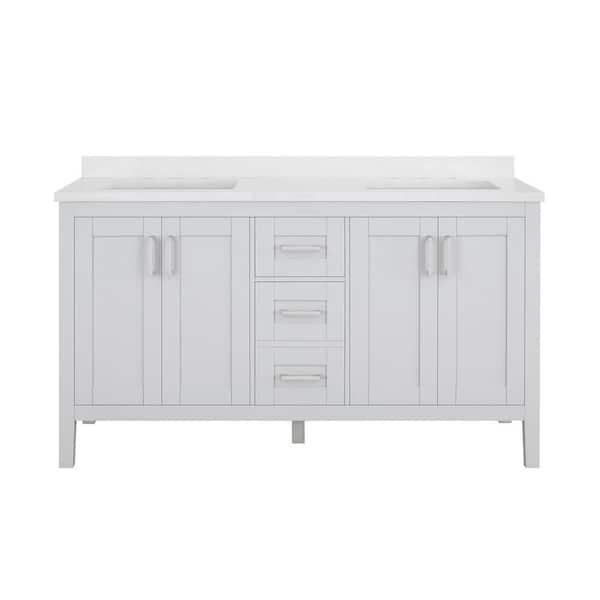 Sepal 60 in. Double Sink Dove Gray Bath Vanity with White Engineered Marble Top (Assembled)