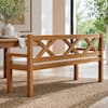 Wooden bench near a wooden dining table in a bright room.