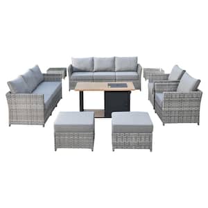 Eufaula Gray 13-Piece Wicker Modern Outdoor Patio Conversation Sofa Set with a Storage Fire Pit and Dark Gray Cushions
