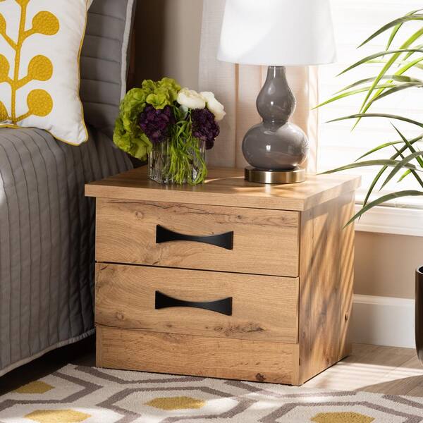 Baxton Studio Colburn 2 Drawer Oak Brown Nightstand 15.29 in. H x