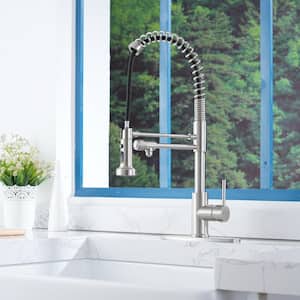 Single Handle Pull Down Sprayer Kitchen Faucet with Deckplate, Pot Filler and Water Supply Hoses in Brushed Nickel