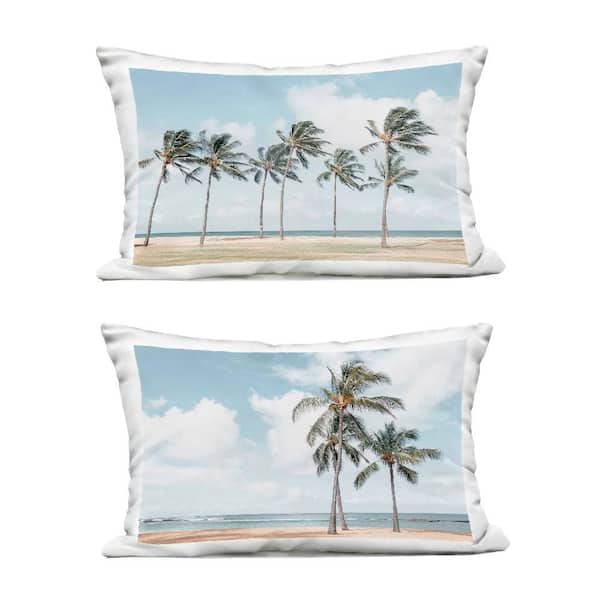 Sunny Windblown Palms Blue Rectangular Outdoor Throw Pillow (2-Pack)