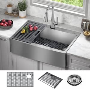 Lenta 16 Gauge Stainless Steel 33 in Single Bowl Farmhouse Apron Front Kitchen Sink with Accessories
