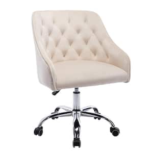Height Adjustable Button Tufted Swivel Task Chair in Beige Velvet with Sloped Armrest