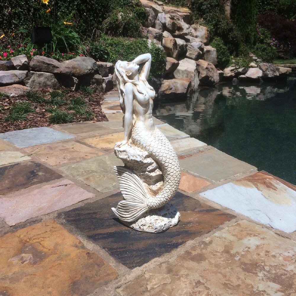 Antique White Mermaid Sitting on Coastal Rock Statue
