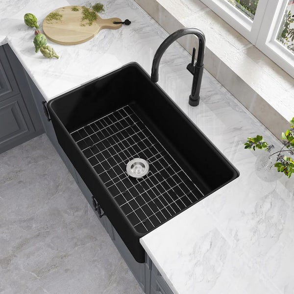 HOROW Fireclay 30 in. L x 18 in. W Black Single Bowl Farmhouse Apron  Kitchen Sink with Grid and Strainer HR-3018B - The Home Depot