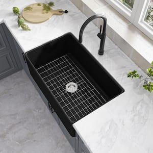 Fireclay 30 in. L x 18 in. W Black Single Bowl Farmhouse Apron Kitchen Sink with Grid and Strainer