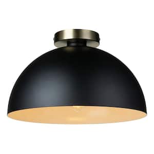 Monica 14 in. 1-Light Matte Black Semi-Flush Mount with Gold Accent, Incandescent Bulb Included