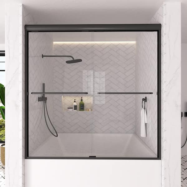 Sylanor Slate 60 in. W x 56 in. H Semi-Frameless Sliding Tub Door in Matte Black with 1/4 in. Clear Tempered Glass