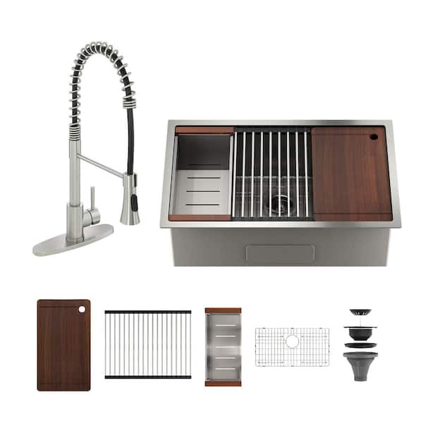 36 in. Undermount Single Bowl Nano Brushed Stainless Steel Workstation Kitchen Sink with Kitchen Faucet and Accessories