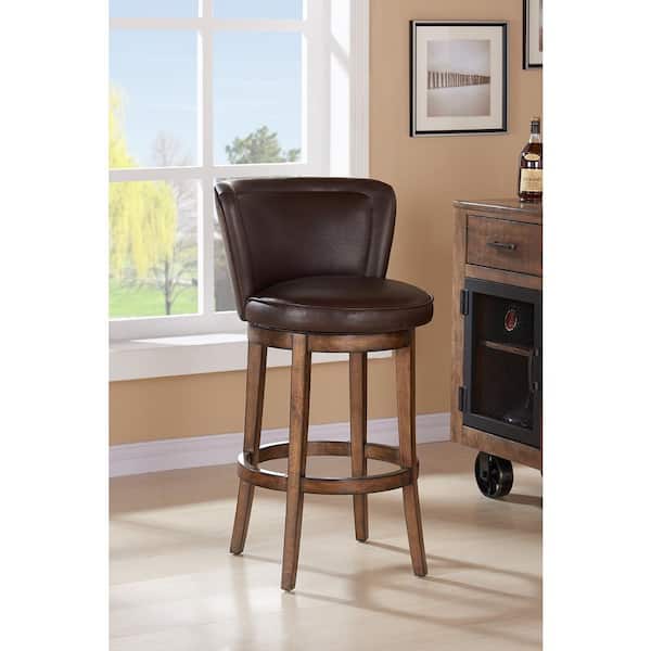 Armen Living Lisbon 30 in. Kahlua Faux Leather and Chestnut Wood Finish Swivel Bar Stool